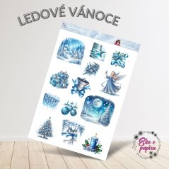 Aršík samolepek "Ledové Vánoce" s motivy zasněžených krajin, ledových dekorací a svíček v chladivých zimních barvách