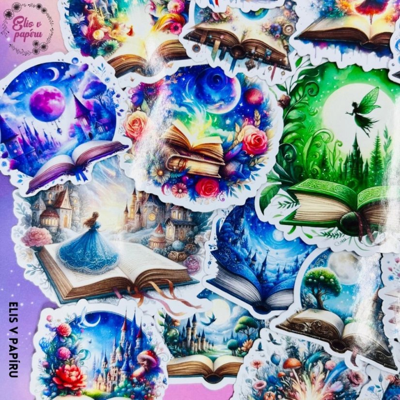Velké kusové samolepky do diáře i na scrapbook s motivy knížek. magických knih a pohádek.