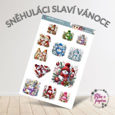 Aršík samolepek "Sněhuláci slaví Vánoce" s motivy veselých sněhuláků, zasněžených ozdob a zimní atmosféry v kouzelných svátečních barvách.