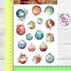 Aršík samolepek "Vánoční ozdobičky" s motivy elegantních baňek zdobených vzory, květinami a stuhami v klasických vánočních barvách.