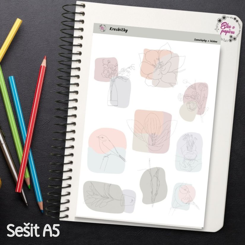 Kresbičky, samolepky do diáře, bujo, plánování, journaling, scrapbooking, deník, diářové samolepky, pastelové barvy, minimalismus, české samolepky.