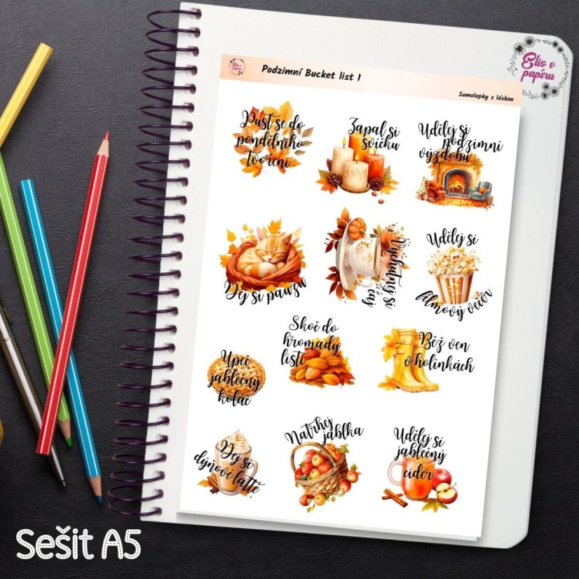 Podzimní samolepky pro vytvoření vlastního bucket listu. Inspirativní motivy pro tvůj diář, bujo nebo scrapbook ti pomohou užít si podzim na maximum.