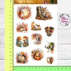 Samolepky zobrazují podzimní les plný roztomilých zvířátek – lišky, veverky, zajíčci, ježci a ptáčci jsou obklopeni barevným listím a přírodními motivy. Každý motiv vyzařuje hravost a kouzlo podzimní přírody, ideální pro podzimní journaling nebo diářové zdobení.