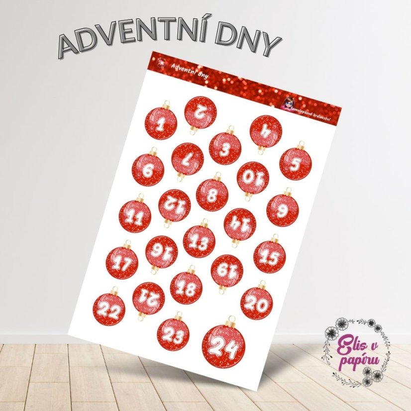 Aršík samolepek "Adventní dny" s červenými ozdobami číslovanými od 1 do 24 pro adventní kalendáře nebo diářové plánování.
