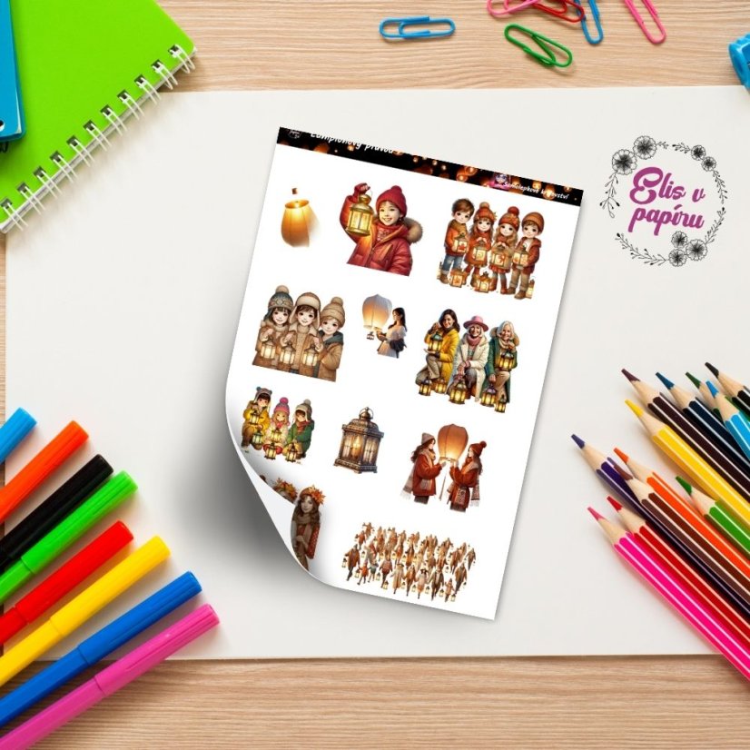 Samolepky s motivy lampionového průvodu – děti s lucernami, lucerny a lampiony v teplých podzimních barvách na bílém pozadí.