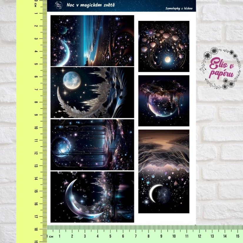 Arch samolepek "Noc v magickém světě", tmavé a zářivé barvy, noční motivy, diářové samolepky, plánování, bujo, samolepky na scrapbook.