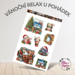 Aršík samolepek "Vánoční relax u pohádek" s motivy televize, gauče, světýlek, popcornu a horkého kakaa v klasických vánočních barvách. Aršík samolepek "Vánoční relax u pohádek" s motivy televize, gauče, světýlek, popcornu a horkého kakaa v klasických vánočních barvách.