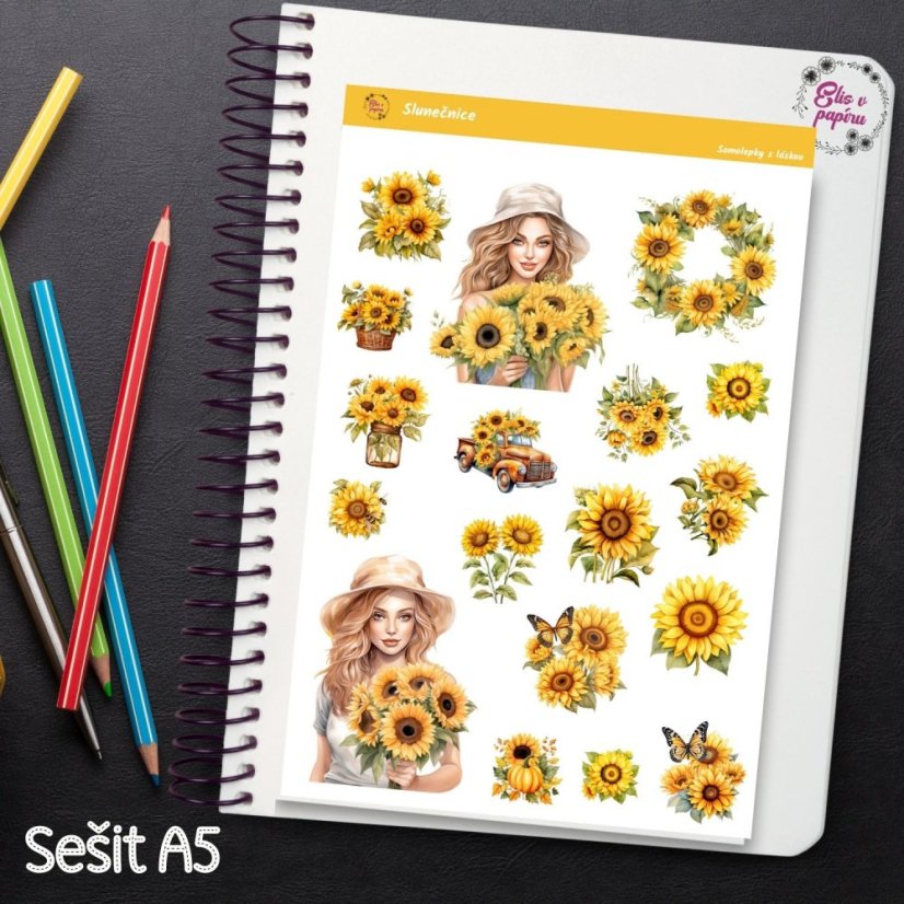 Samolepky do diáře s motivy slunečnic od Elis v papíru. Vhodné i na journaling nebo scrapbooking.
