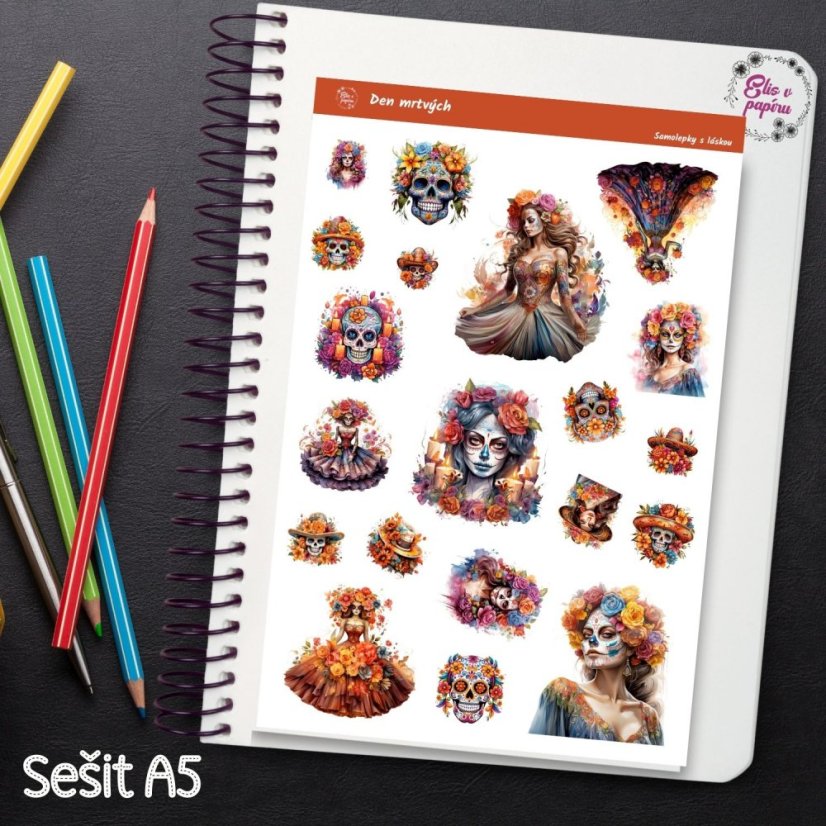 Samolepky do diáře od Elis v papíru s motivem Dia del muertos.