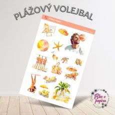 Samolepky Plážový volejbal s teplými a slunečnými barvami, zobrazující plážový volejbal, plážové lehátka, slunečníky, mořské hvězdice a palmy.