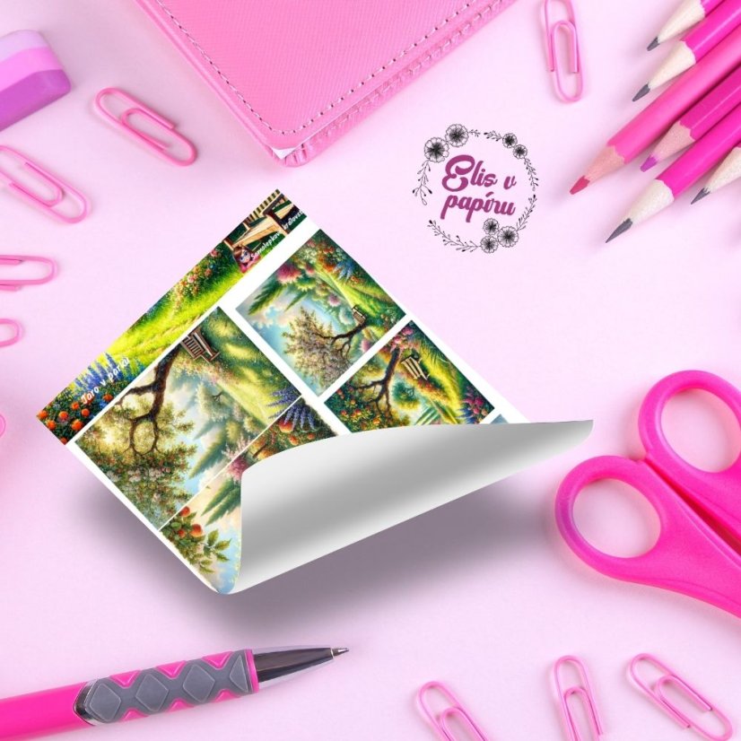 🌸 Arch samolepek s kouzelnou jarní krajinou – rozkvetlé stromy, lavičky v parku a svěží zelené trávníky!