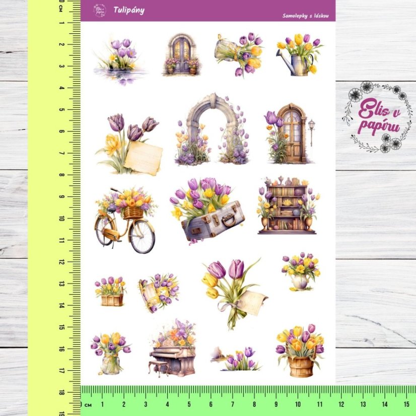 Diářové samolepky Elis v papíru s jarním motivem tulipánů. Ideální do diáře, ale i na scrapbook nebo journaling.