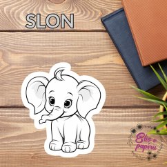 Samolepka zobrazuje roztomilého malého slona s velkýma ušima, nakresleného v jemných černobílých konturách. Ideální k vybarvení nebo jako doplněk do diáře.