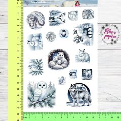 Aršík samolepek "Polární zvířátka" s motivy ledních medvědů, vlků, sov, lišek a dalších obyvatel zasněžené přírody v jemných zimních barvách.