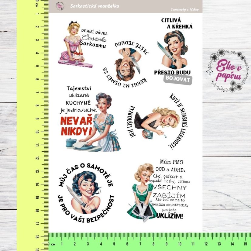 Sarkastická manželka, vtipné samolepky, samolepky do diáře, bujo, plánování, journaling, deník, scrapbook, české samolepky, diářové samolepky, humor a zábava.