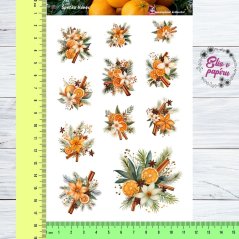 Aršík samolepek "Špetka Vánoc" s motivy vánočních kytic zdobených pomeranči, skořicí, hvězdičkami a jehličím v příjemných svátečních barvách.