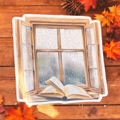 Maxi samolepka zobrazuje otevřené dřevěné okno, na kterém jsou vidět kapky deště. Před oknem leží otevřená knížka. Tento motiv vyzařuje atmosféru podzimního klidu a ticha během deštivého dne. Maxi samolepka zobrazuje otevřené dřevěné okno, na kterém jsou vidět kapky deště. Před oknem leží otevřená knížka. Tento motiv vyzařuje atmosféru podzimního klidu a ticha během deštivého dne.