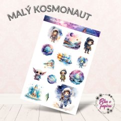 Samolepky zobrazují malého kosmonauta na jeho dobrodružství ve vesmíru – planety, rakety, mimozemské krajiny a vesmírné postavičky. Barevná paleta je hravá a snová, s výraznými fialovými a modrými tóny, které evokují tajemství a krásu vesmíru.