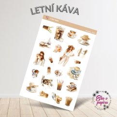 Samolepky Letní káva se světlými a neutrálními barvami, zobrazující ledovou kávu, šálky kávy, letní nápoje, plážové doplňky a letní módu.