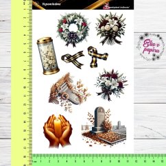 Samolepky zobrazují pietní symboly, jako jsou věnce, svíčky, památeční stuhy a květiny. Motivy jsou jemné a decentní, vhodné pro uctivé vzpomínání na zesnulé blízké. Barvy jsou tlumené a elegantní, což dodává samolepkám klidnou a vážnou atmosféru.