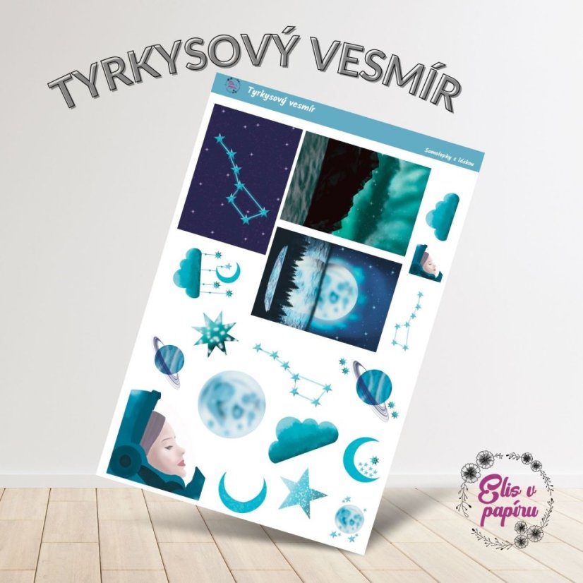 Samolepky nejen do diáře od Elis v papíru s motivy vesmíru v tyrkysové.