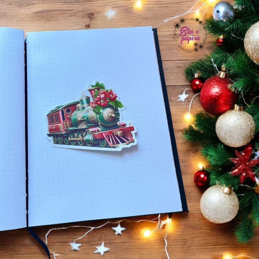 Samolepka Vánoční Express – lokomotiva ve vánočním stylu, ideální pro diář, scrapbook nebo dekoraci.