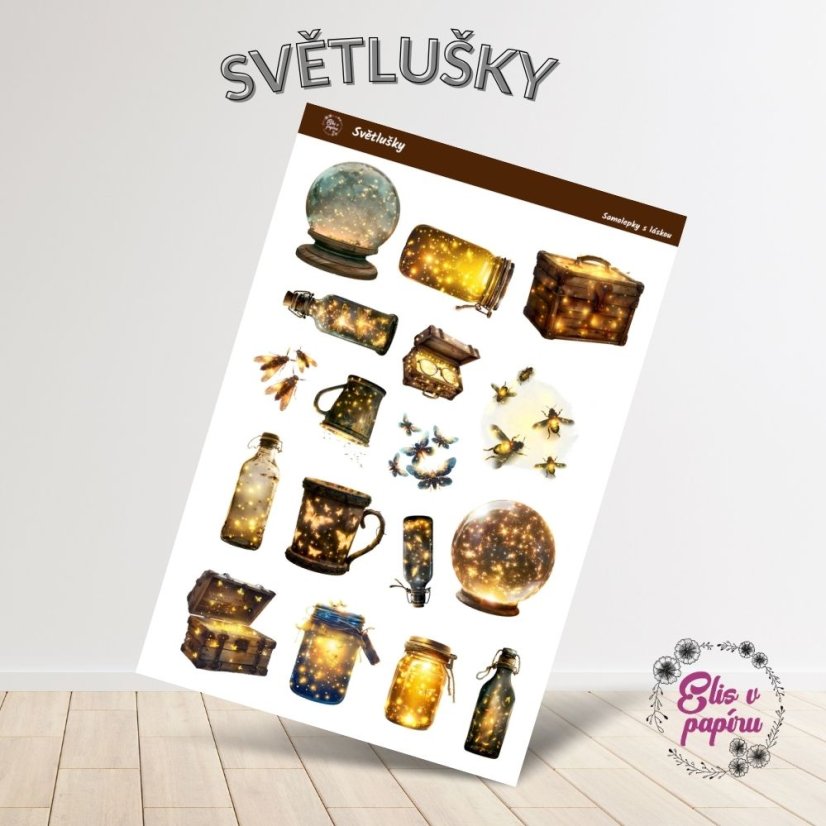 Samolepky do diáře Elis v papíru Světlušky s teplými zářícími barvami, zobrazující světlušky, sklenice se světluškami, lampy a lucerny.