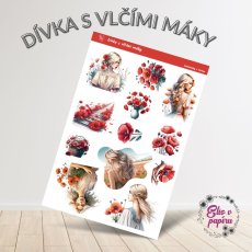 Samolepky Dívka s vlčími máky se světlými a jemnými barvami, zobrazující dívky s vlčími máky, květiny, jemné scény a romantické okamžiky.