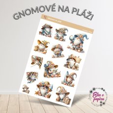 Samolepky Gnomové na pláži s pastelovými a živými barvami, zobrazující gnomy, plážové scény, sluneční brýle, plážové doplňky a letní radovánky.