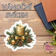 Elegantní zlatý vánoční svícen s větvičkami, šiškami a ozdobami, symbolizující klid a pohodu Vánoc.