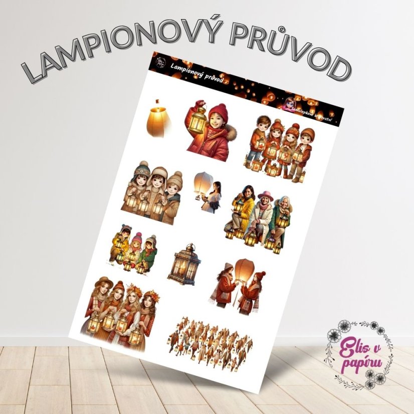 Samolepky s motivy lampionového průvodu – děti s lucernami, lucerny a lampiony v teplých podzimních barvách na bílém pozadí.