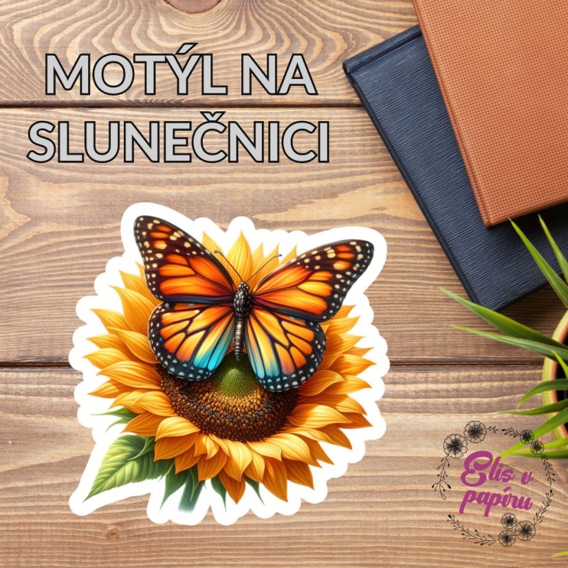 Samolepka "Motýl na slunečnici", pastelové barvy, přírodní motiv, diářové samolepky, plánování, bujo, samolepky na scrapbook.