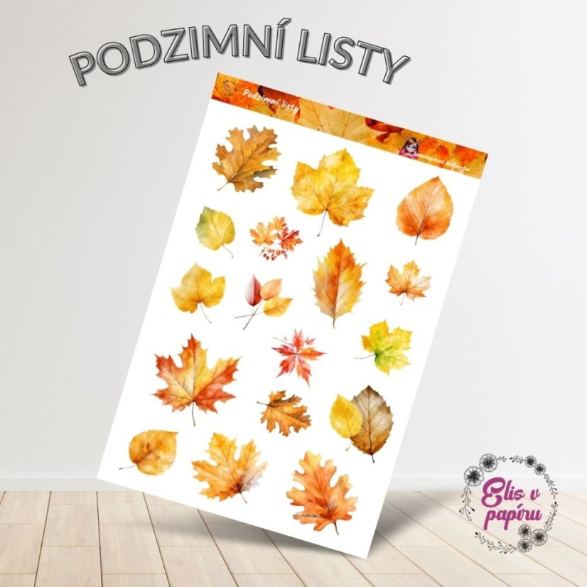 Samolepky s motivy různých druhů podzimních listů v teplých barvách, od žluté přes oranžovou až po červenou. Listy jsou ztvárněny v různých tvarech a velikostech, připomínající skutečnou krásu podzimní přírody. Tyto samolepky jsou ideální pro kreativní zdobení diáře, plánovače, nebo jakýkoli podzimní projekt.