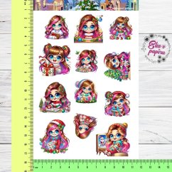 Aršík samolepek "Vánoce s Elis" s motivy roztomilých postaviček, dárků, vánočních stromečků a sváteční atmosféry v pestrých barvách.