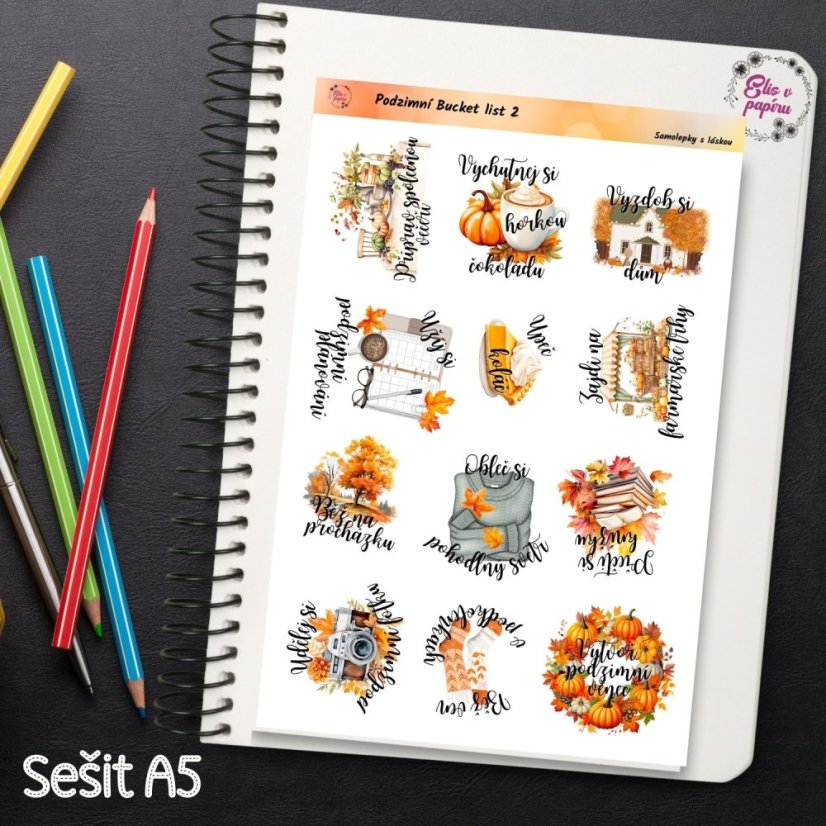 Inspirativní podzimní samolepky pro vytvoření vlastního bucket listu. Perfektní doplněk pro diář, bujo nebo scrapbook, který ti pomůže užít si podzim na maximum.