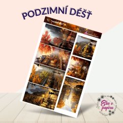 Samolepky zobrazují různé podzimní scény po dešti: město s vlhkými ulicemi, zlaté listí na chodnících a atmosféru klidu po kapkách deště. Barvy jsou teplé, zemitě podzimní s důrazem na zlaté a hnědé odstíny, doplněné tmavě šedou a modrou, která připomíná deštivé odpoledne.