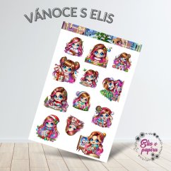 Aršík samolepek "Vánoce s Elis" s motivy roztomilých postaviček, dárků, vánočních stromečků a sváteční atmosféry v pestrých barvách.
