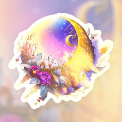 Maxi samolepka zobrazuje zlatý srpek měsíce obklopený květinami a hvězdami. V pozadí je tajemná noční obloha, která dodává samolepce magický vzhled. Maxi samolepka zobrazuje zlatý srpek měsíce obklopený květinami a hvězdami. V pozadí je tajemná noční obloha, která dodává samolepce magický vzhled.