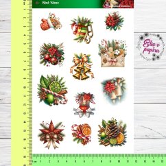 Aršík samolepek "Vůně Vánoc" s vánočními motivy – baňky, dárky, koření, stuhy a svíčky v teplých svátečních barvách na bílém pozadí.