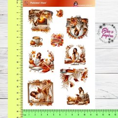 Samolepky zobrazují útulné podzimní scény: čtení u krbu, dívky s knihami, šálky kávy a čaje obklopené podzimními dekoracemi. Každý motiv vyzařuje teplo a klid podzimního čtení, ideální pro všechny milovníky knih a relaxace.