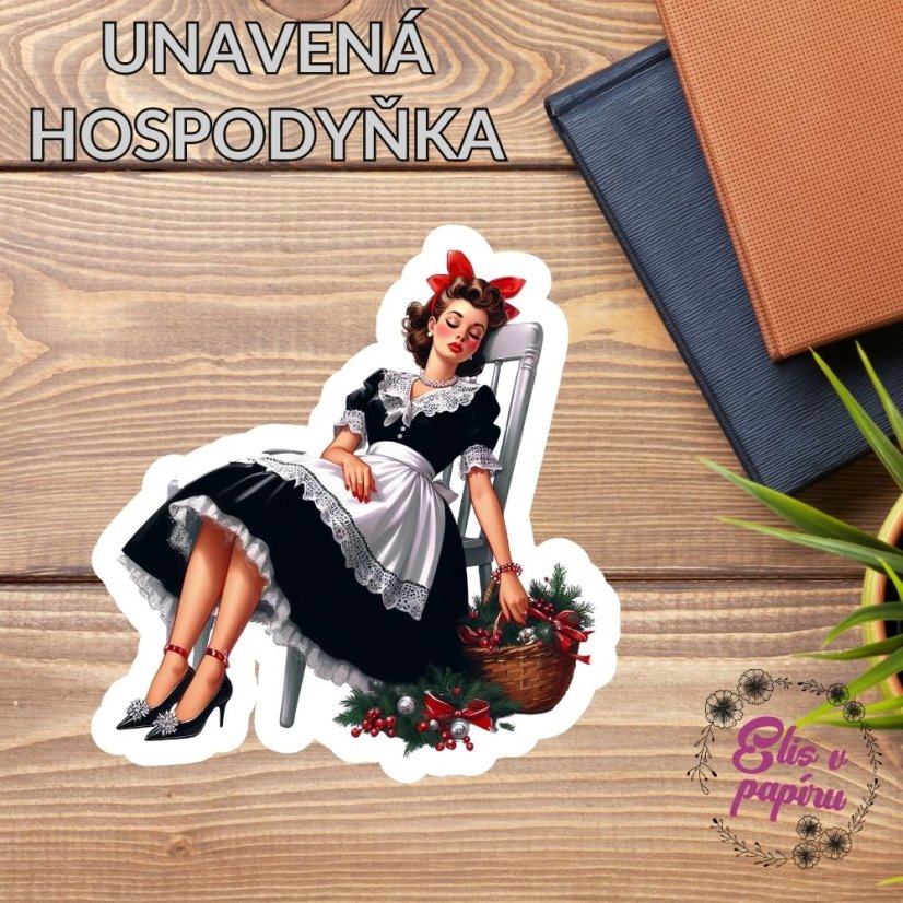 Samolepka unavené hospodyňky ve vánočním retro stylu, ideální pro diář, scrapbook nebo dekoraci.