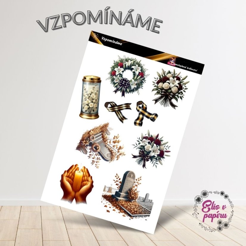 Samolepky zobrazují pietní symboly, jako jsou věnce, svíčky, památeční stuhy a květiny. Motivy jsou jemné a decentní, vhodné pro uctivé vzpomínání na zesnulé blízké. Barvy jsou tlumené a elegantní, což dodává samolepkám klidnou a vážnou atmosféru.