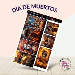 Barevné samolepky inspirované svátkem Dia de Muertos – lebky, květiny, svíce a postavy v tradičních kostýmech oslavujících Den mrtvých.