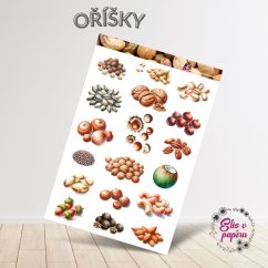 Samolepky zobrazují různé druhy oříšků, včetně vlašských, lískových, mandlí a pistácií. Každý ořech je detailně vyobrazen s krásnými přírodními texturami a teplými podzimními barvami, které vyzařují pocit zdraví a přírodní hojnosti.