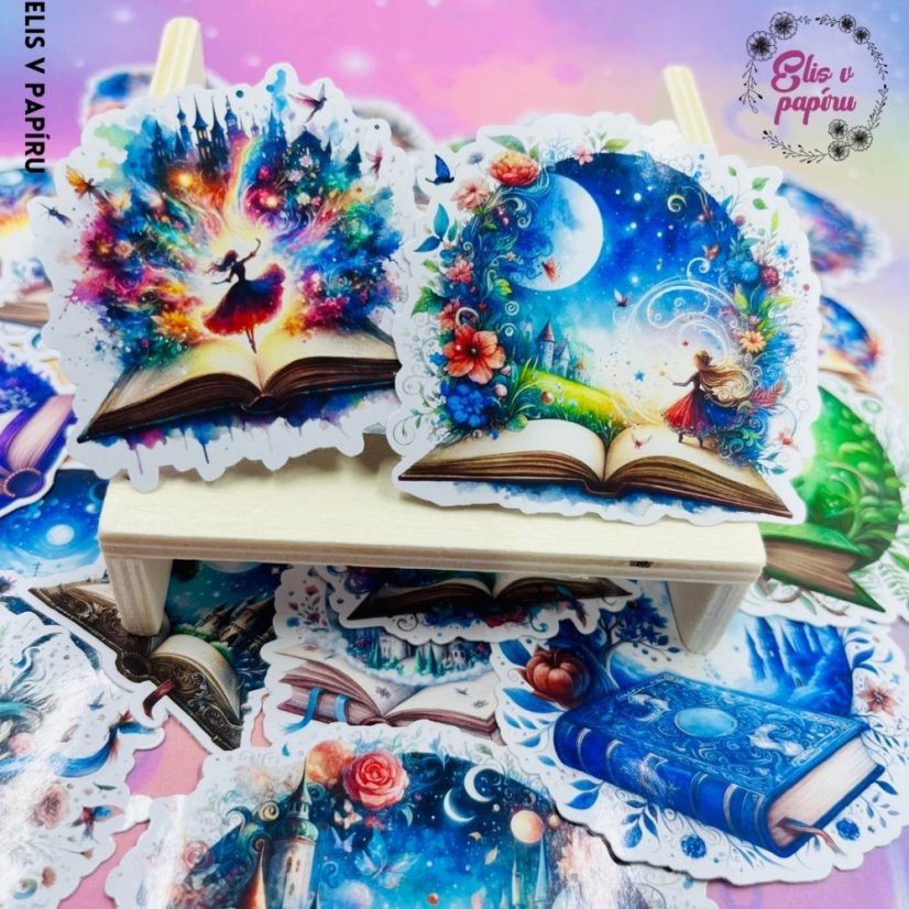 Velké kusové samolepky do diáře i na scrapbook s motivy knížek. magických knih a pohádek.