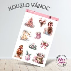 Aršík samolepek "Kouzlo Vánoc" s jemnými motivy růžových stromečků, mašlí a zimních dekorací v elegantních pastelových tónech. Aršík samolepek "Kouzlo Vánoc" s jemnými motivy růžových stromečků, mašlí a zimních dekorací v elegantních pastelových tónech.