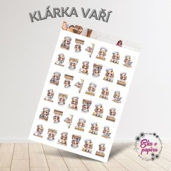 Aršík samolepek "Klárka vaří" s motivy roztomilé kuchařky při vaření, pečení a dalších kuchyňských činnostech. Aršík samolepek "Klárka vaří" s motivy roztomilé kuchařky při vaření, pečení a dalších kuchyňských činnostech.