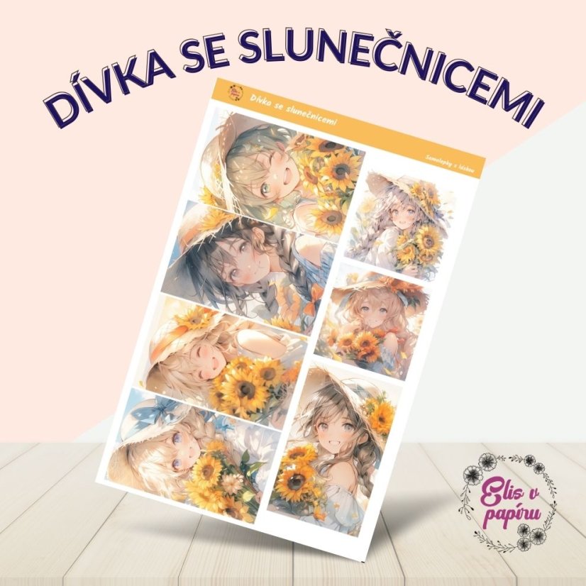 Samolepky do diáře Dívka se slunečnicemi, žlutá a zelená, letní motiv, diářové samolepky, plánování, bujo, papírové samolepky, scrapbook.