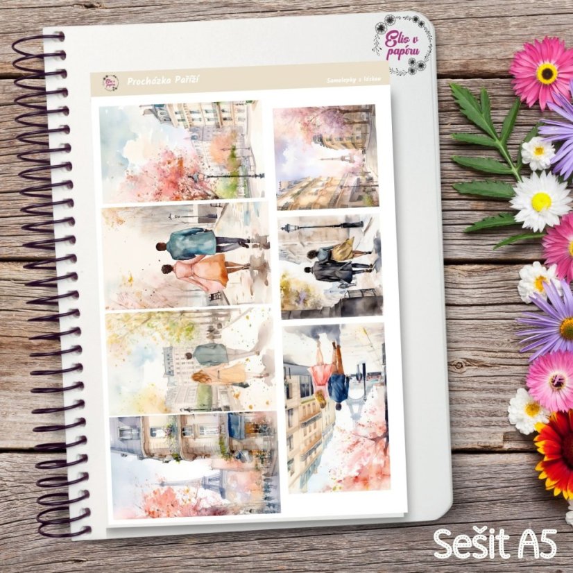 Samolepky do diářů včetně Happy plannerů od Elis v papíru s motivem procházky po jarní Paříži.
