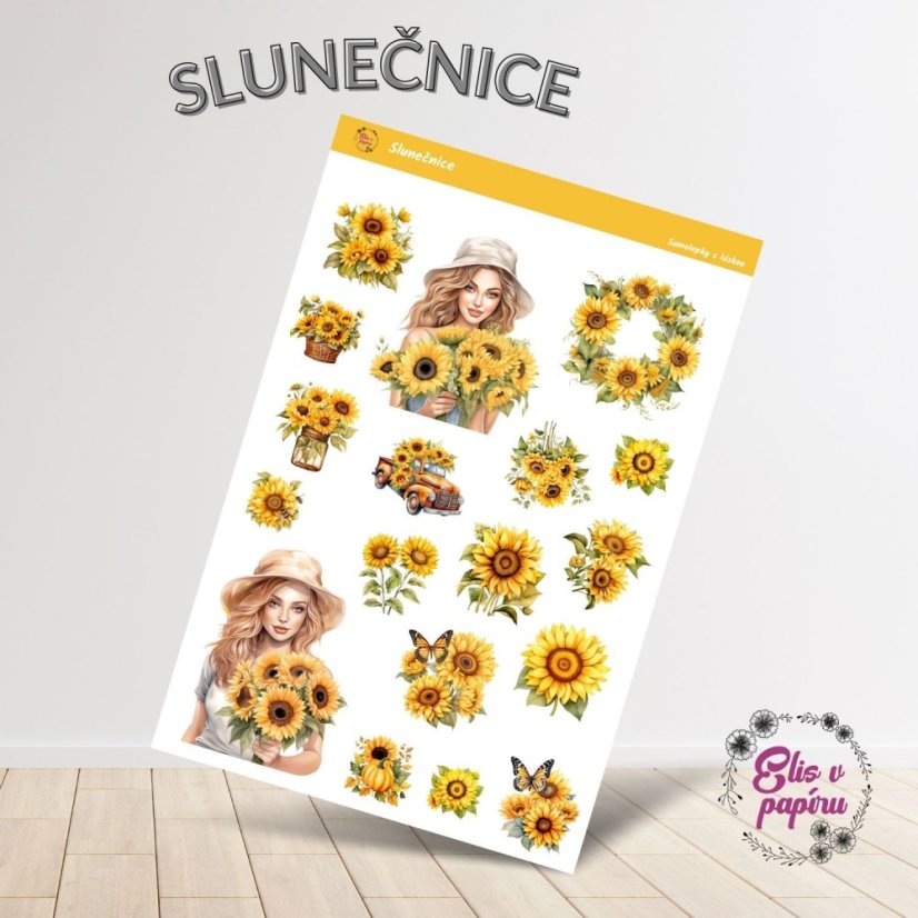Samolepky do diáře s motivy slunečnic od Elis v papíru. Vhodné i na journaling nebo scrapbooking.